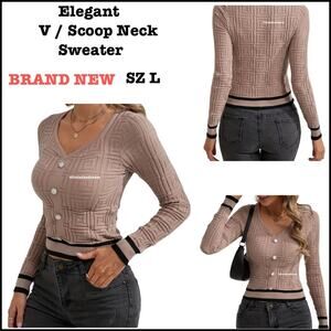 #T76 Elegant Scoop Neck Sweater Trim Long Sleeve Pearl Like Buttons SZ L $59